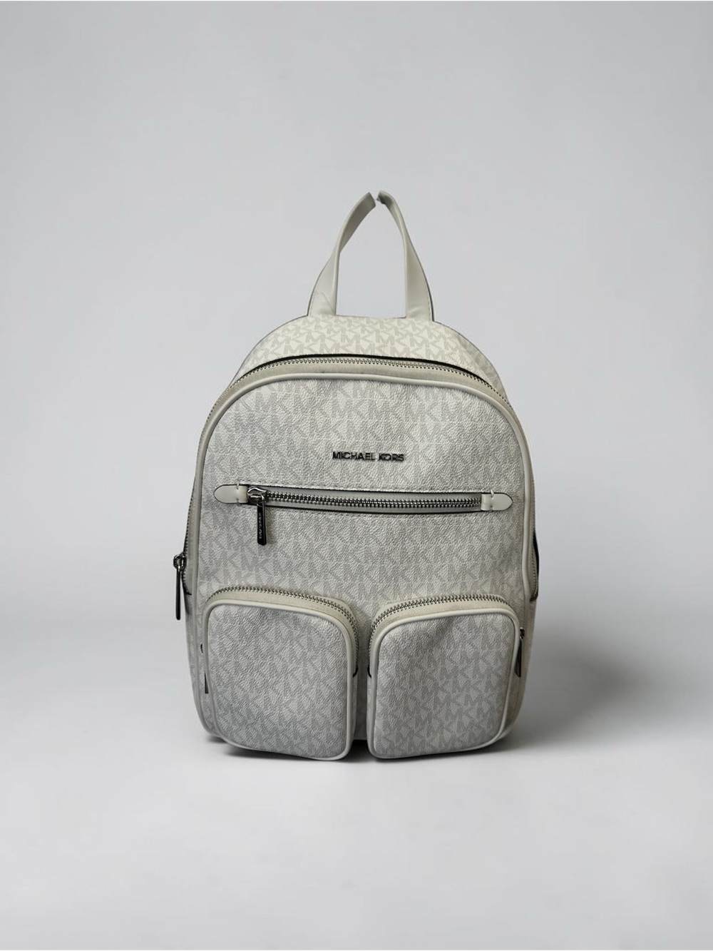Michael Kors Jet Set Medium Pocket Backpack Monogram Optic White Silver - Picture 2 of 10